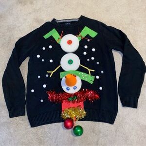 Mens 3D Naughty‎ Funny Ugly Christmas Sweater XL Upside Down Snowman